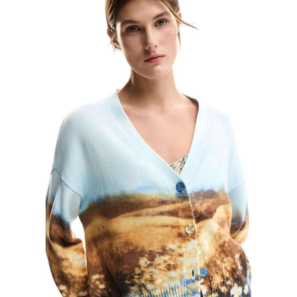 Desigual Cardigan Donna Azzurro Stampa Cotone Maniche Lunghe
