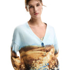 Desigual Cardigan Donna Azzurro Stampa Cotone Maniche Lunghe