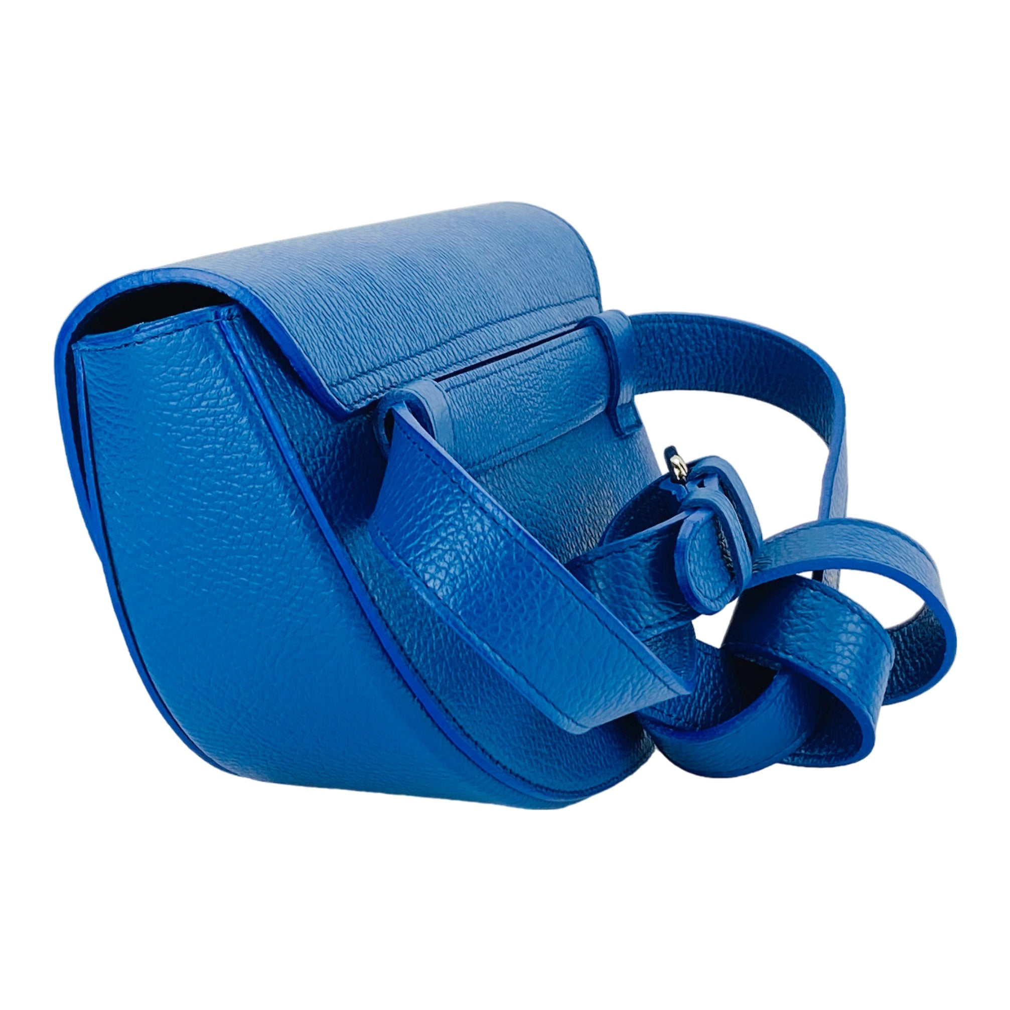 RB1027CH | Women's Rounded Bandolier Bag in Genuine Leather Made in Italy. Removable and adjustable leather shoulder strap. Polished Nickel hardware - Royal Blue color - Dimensions: 25 x 15 x 9 cm.-3