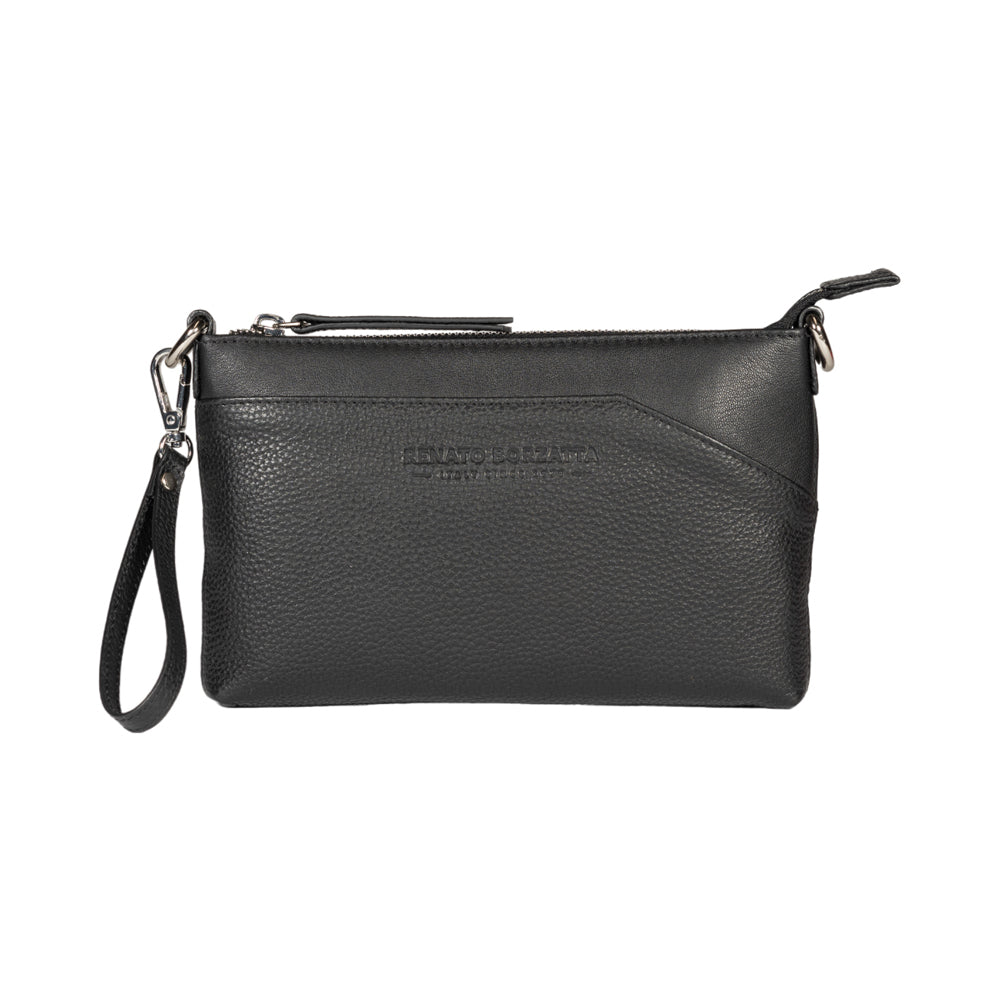 RB2003A | Genuine full-grain leather shoulder/wrist bag, dollar/light grain. Removable shoulder strap and handle. Black color. Dimensions: 22 x 14 x 2.5 cm. Packaging: Non-Woven Fabric Bag-1