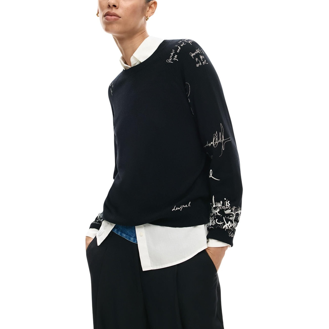 Desigual Maglia Donna Nero Stampa Maniche Lunghe