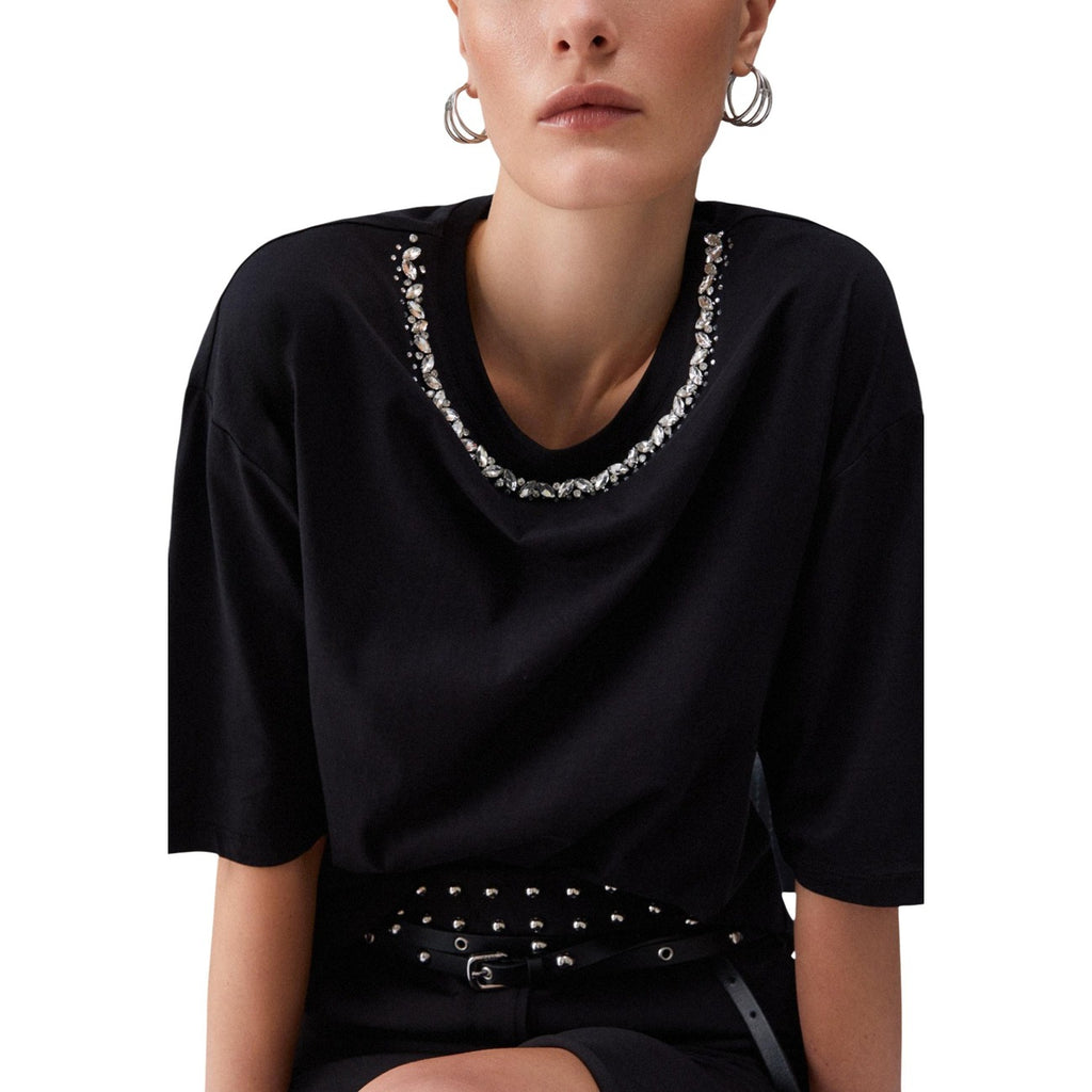 Liu Jo T-Shirt Donna Nero Strass Maniche Corte Cotone - AbbiMar