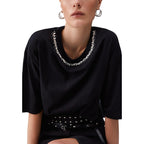 Liu Jo T-Shirt Donna Nero Strass Maniche Corte Cotone - AbbiMar