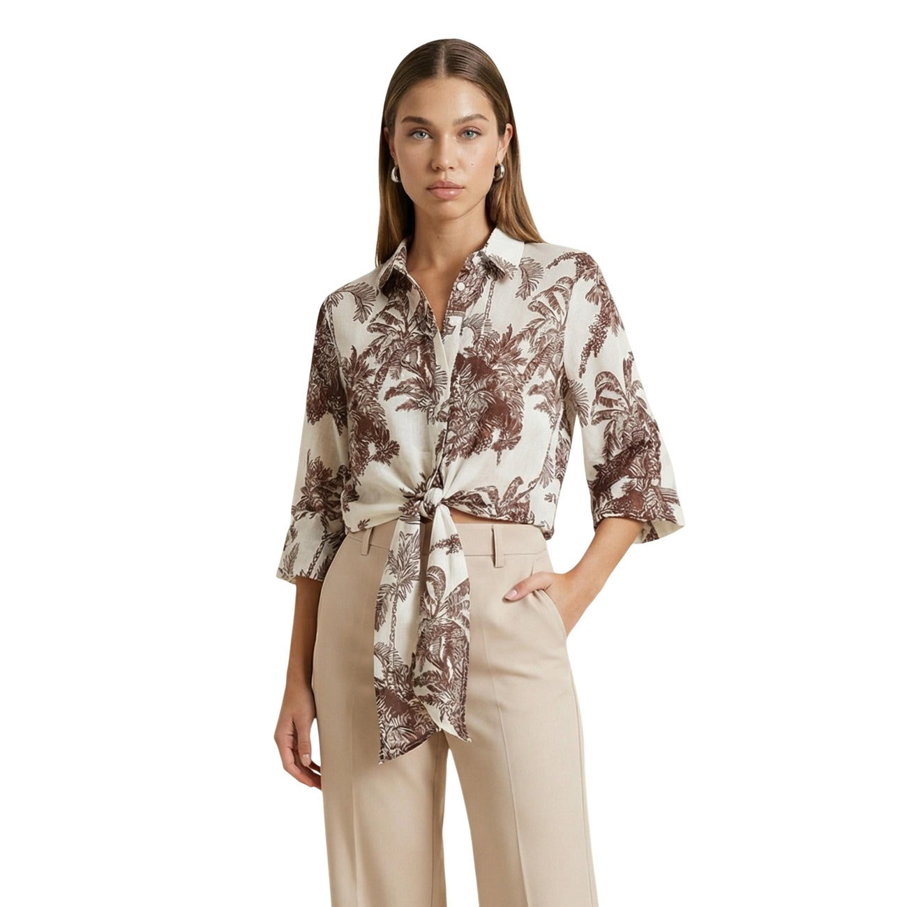 Artigli Camicia Donna Beige Stampa Cotone Maniche 3/4 - AbbiMar