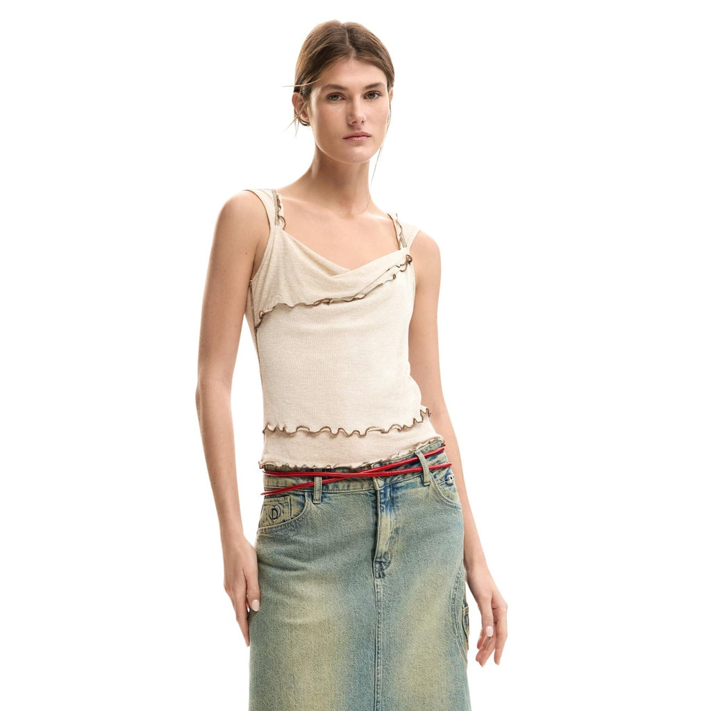 Desigual Top Donna Beige Smanicato Scollo V - AbbiMar