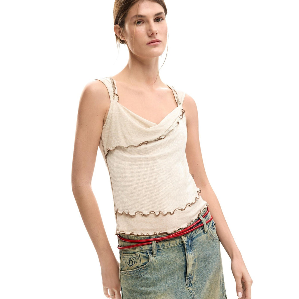 Desigual Top Donna Beige Smanicato Scollo V - AbbiMar
