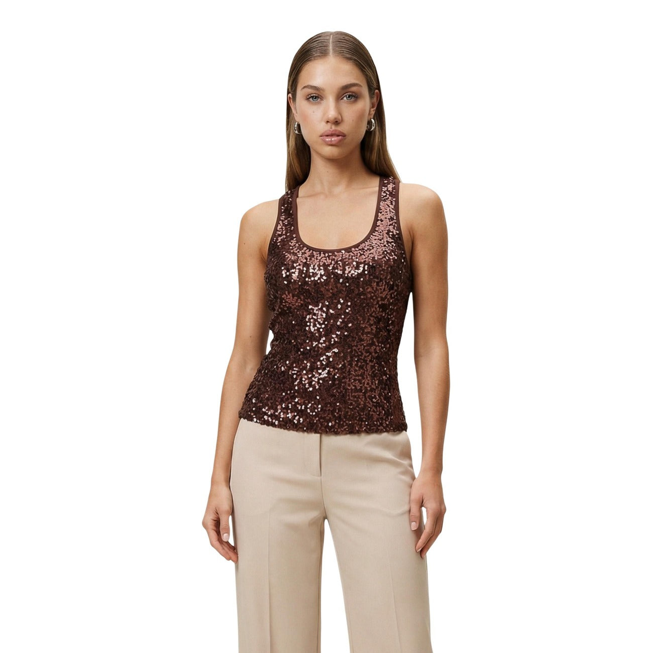 Artigli Top Donna Beige Paillettes Spalline Made in Italy - AbbiMar