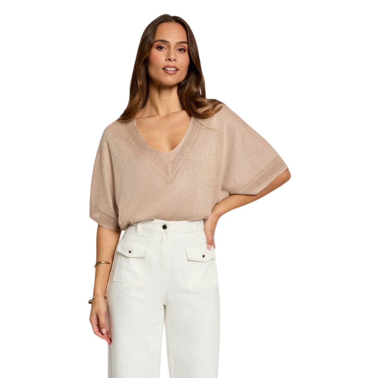Morgan De Toi Maglia Donna Beige Maniche Corte Scollo V - AbbiMar