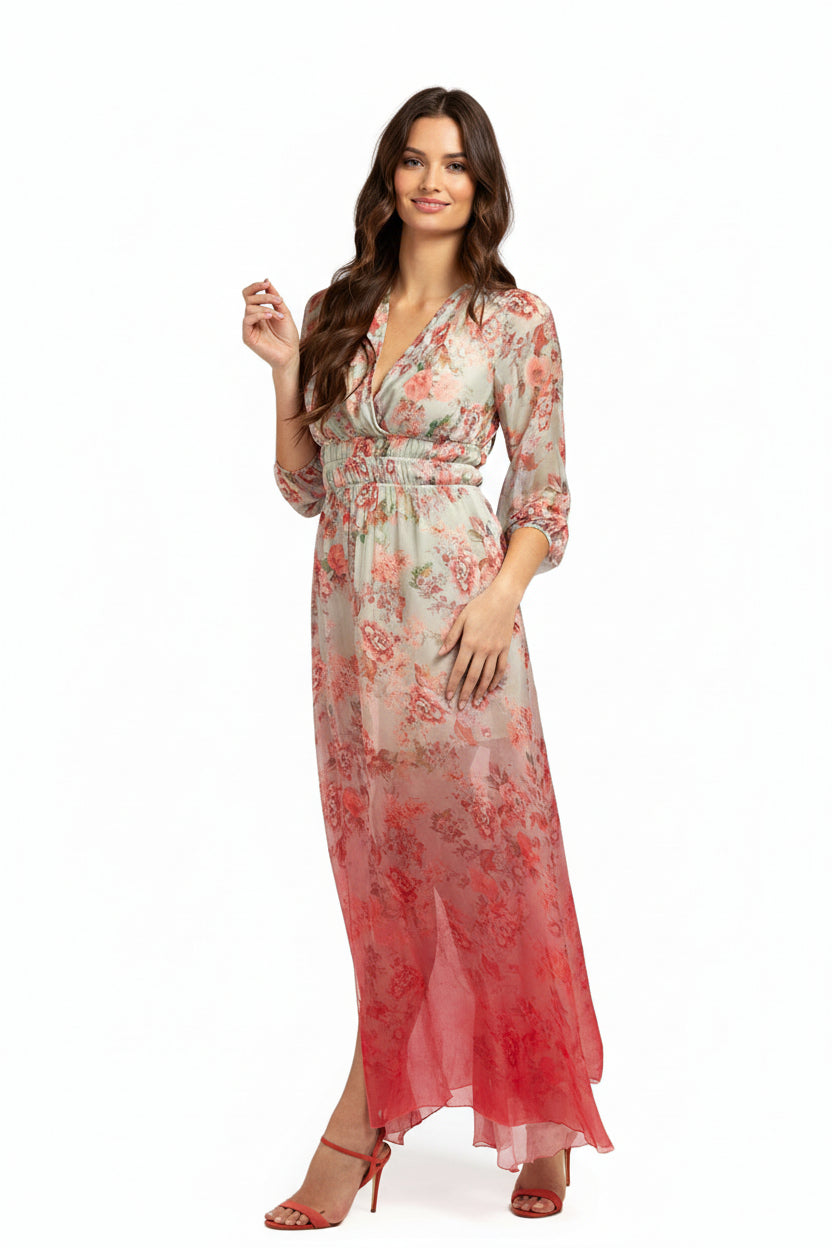 Guess Abito Donna Rosso Floreale Maniche 3/4 Seta - AbbiMar