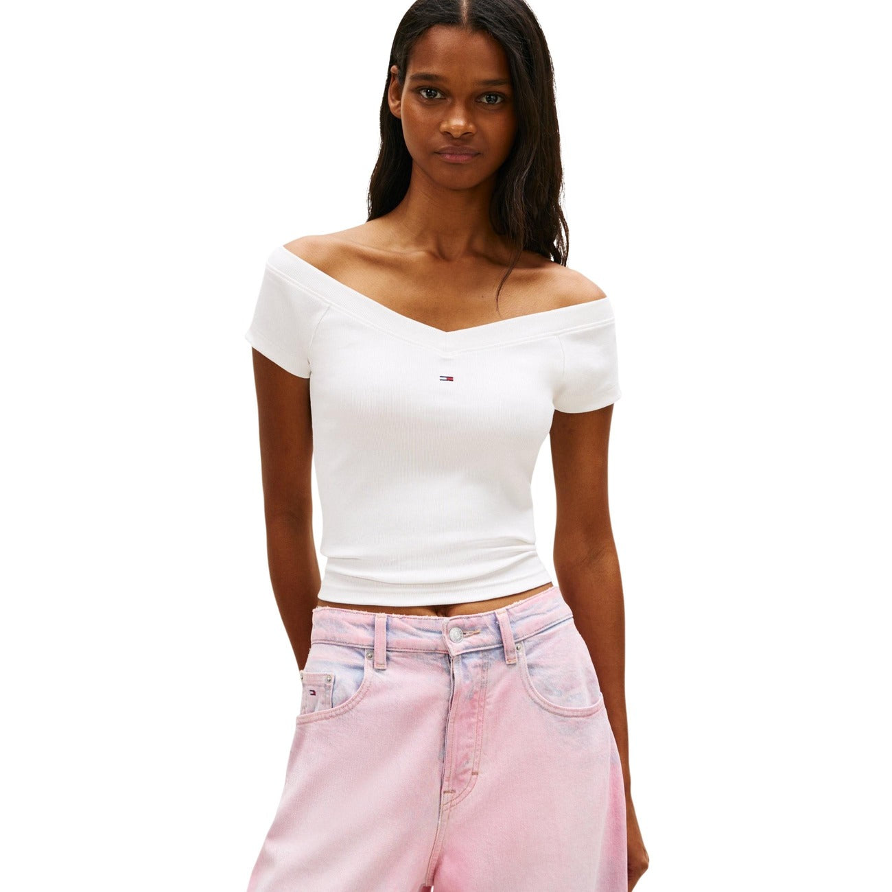 Tommy Hilfiger Jeans Top Donna Beige Scollo Barca Cotone Organico - AbbiMar