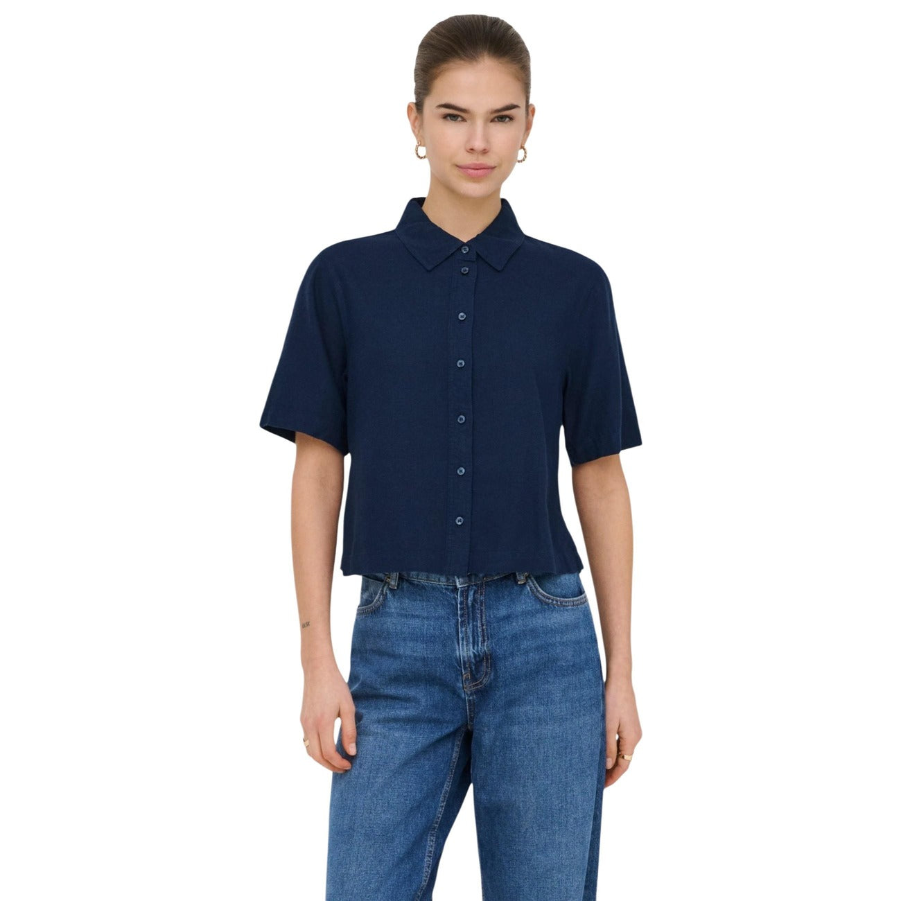 Only Camicia Donna Blu Maniche Corte Lino Viscosa