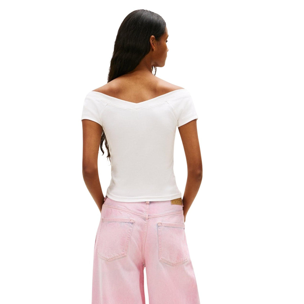 Tommy Hilfiger Jeans Top Donna Beige Scollo Barca Cotone Organico - AbbiMar