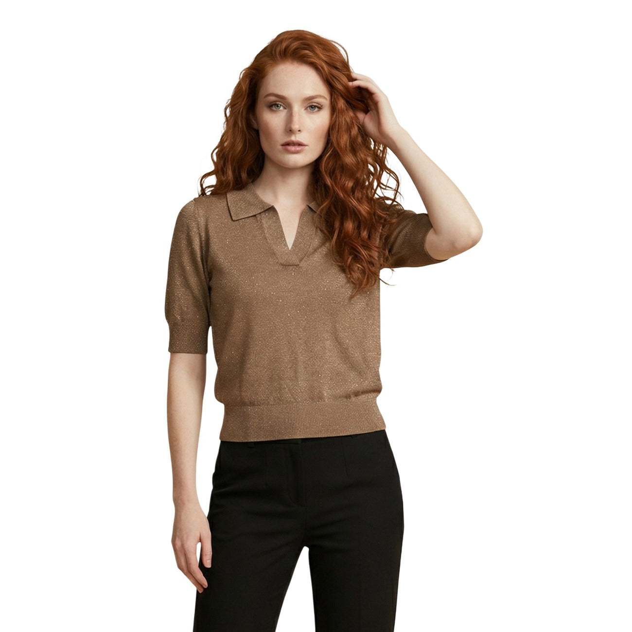 Only Polo Donna Beige Scollo V Maniche Corte