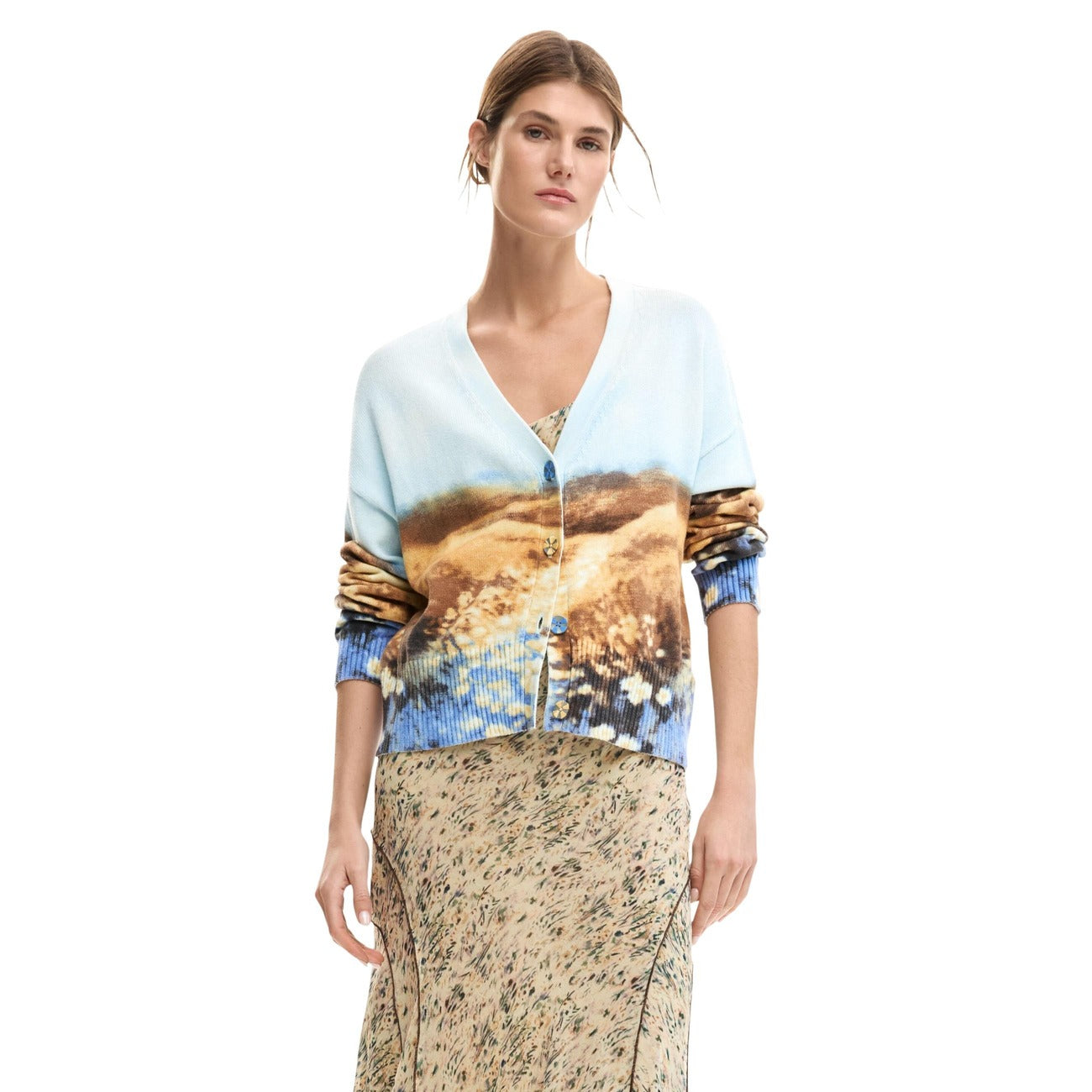 Desigual Cardigan Donna Azzurro Stampa Cotone Maniche Lunghe - AbbiMar