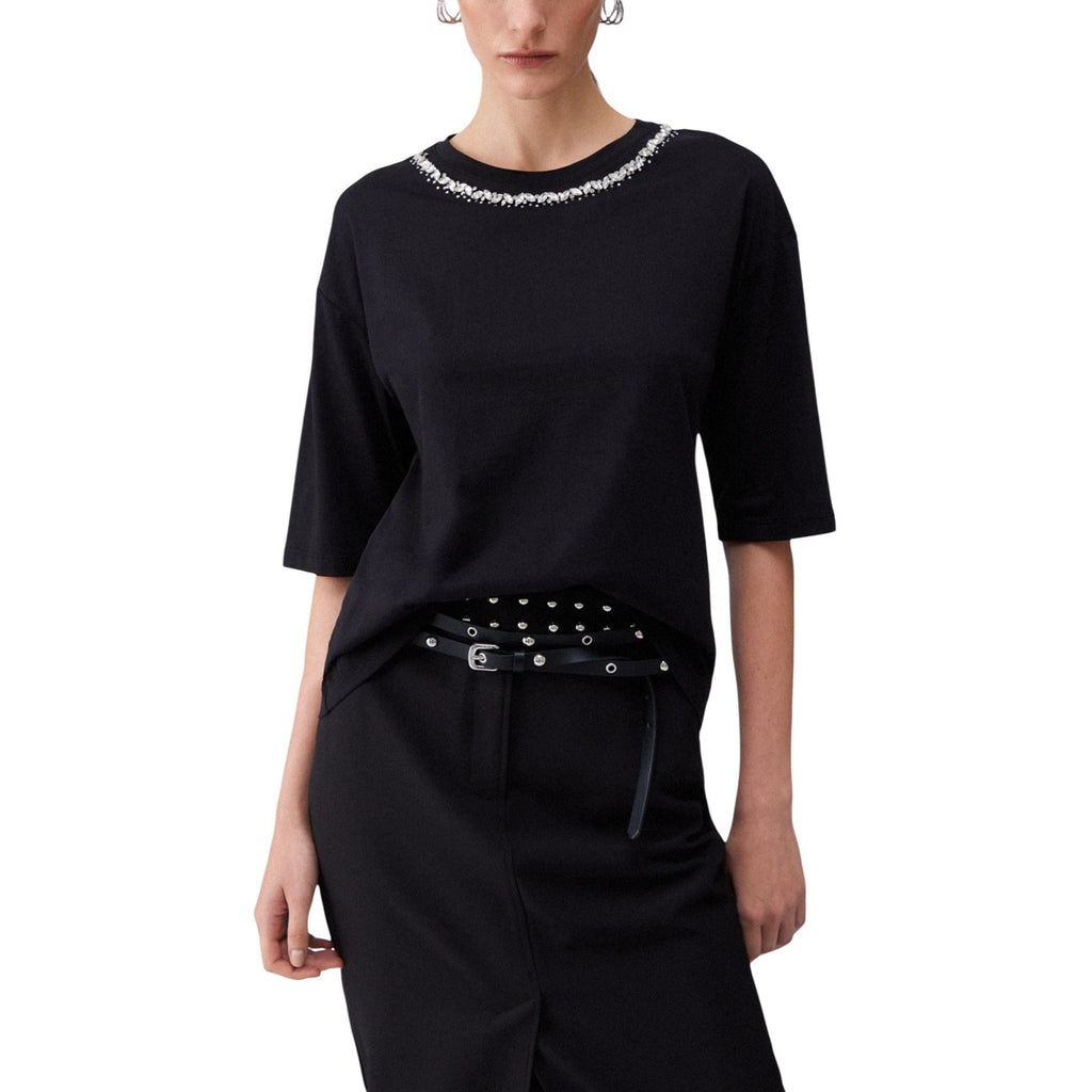 Liu Jo T-Shirt Donna Nero Strass Maniche Corte Cotone - AbbiMar